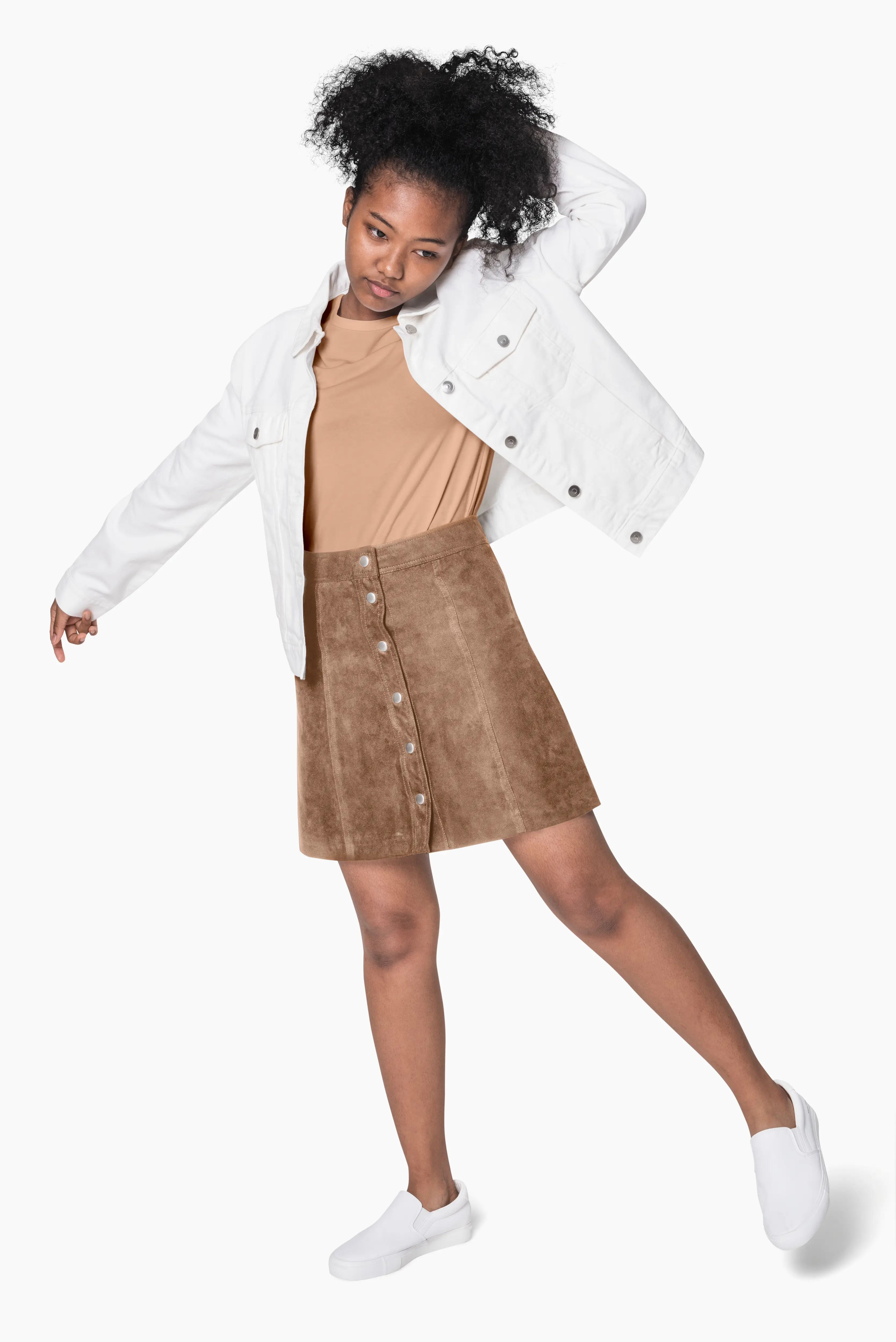 Girl in white jacket and brown skirt